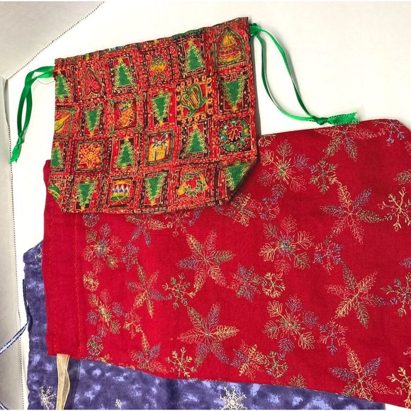 Lot of 5 Fabric Gift Bags Sacks Christmas Winter Patterns Drawstring - Picture 2 of 12